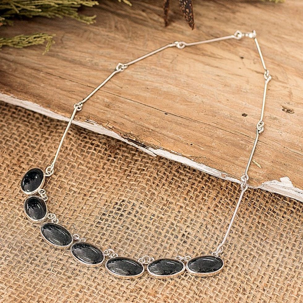 925 Silver Pendant Necklace with Oval Dark Green Jade Stones 'Maya Splendor'