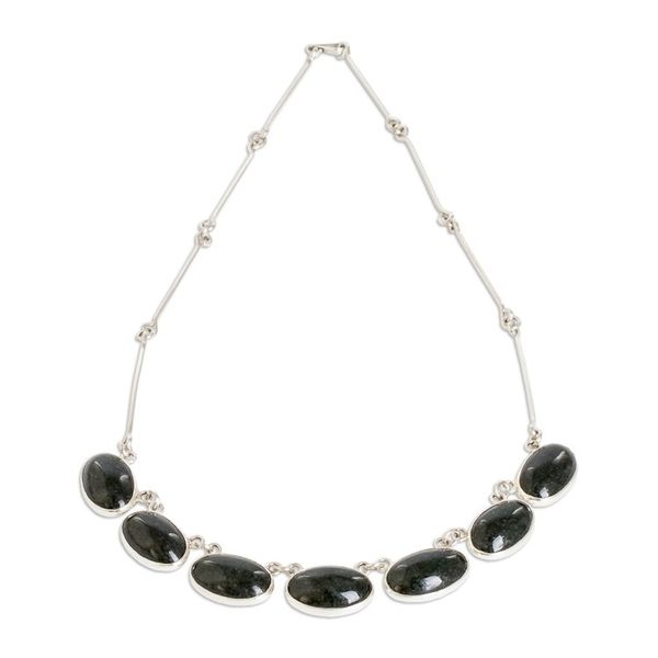 Alternate image for 925 Silver Pendant Necklace with Oval Dark Green Jade Stones Maya Splendor