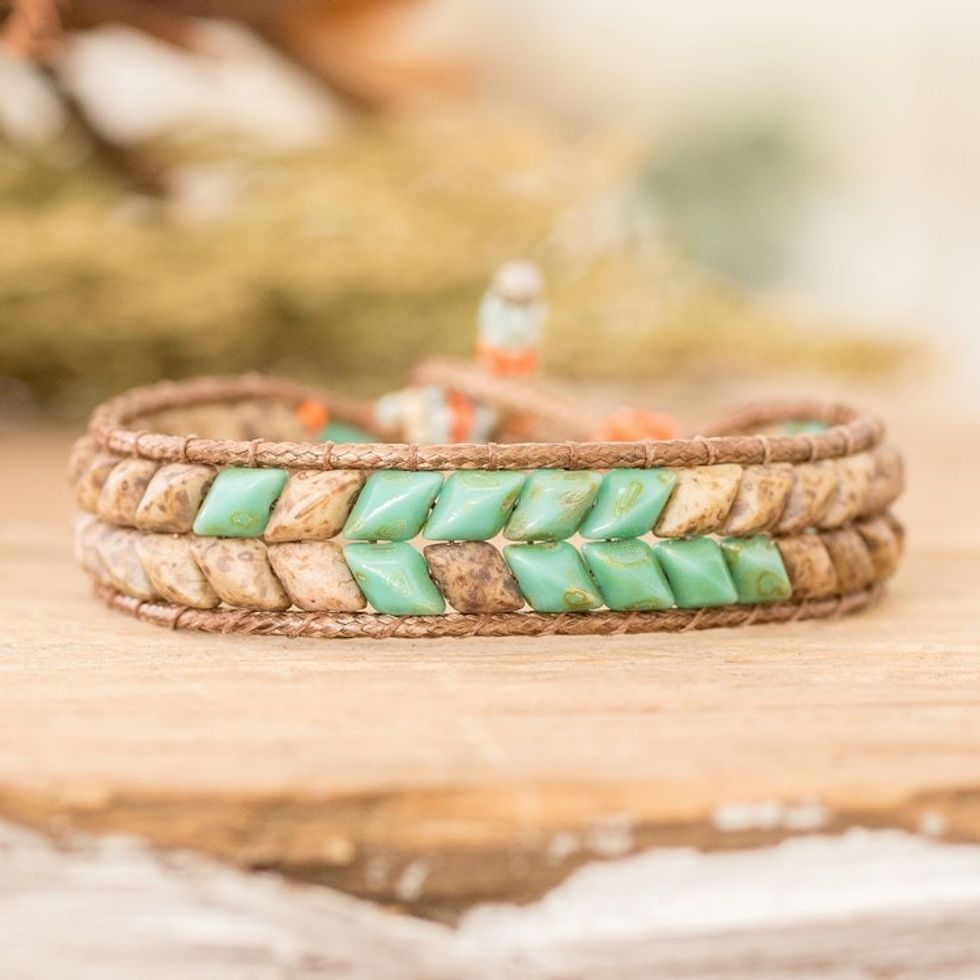 Handmade Turquoise and Brown Glass Beaded Wristband Bracelet 'Serene Current'
