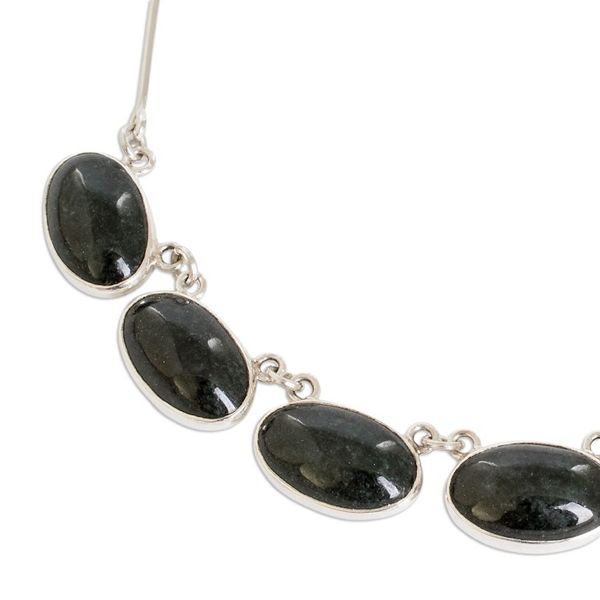 Alternate image for 925 Silver Pendant Necklace with Oval Dark Green Jade Stones Maya Splendor
