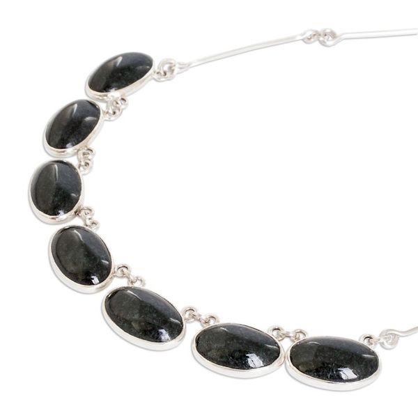 Alternate image for 925 Silver Pendant Necklace with Oval Dark Green Jade Stones Maya Splendor