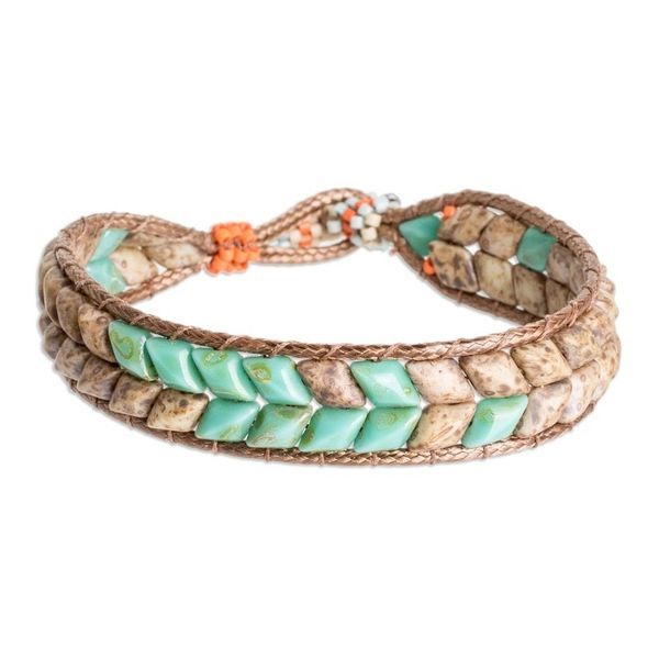 Alternate image for Handmade Turquoise and Brown Glass Beaded Wristband Bracelet Serene Current