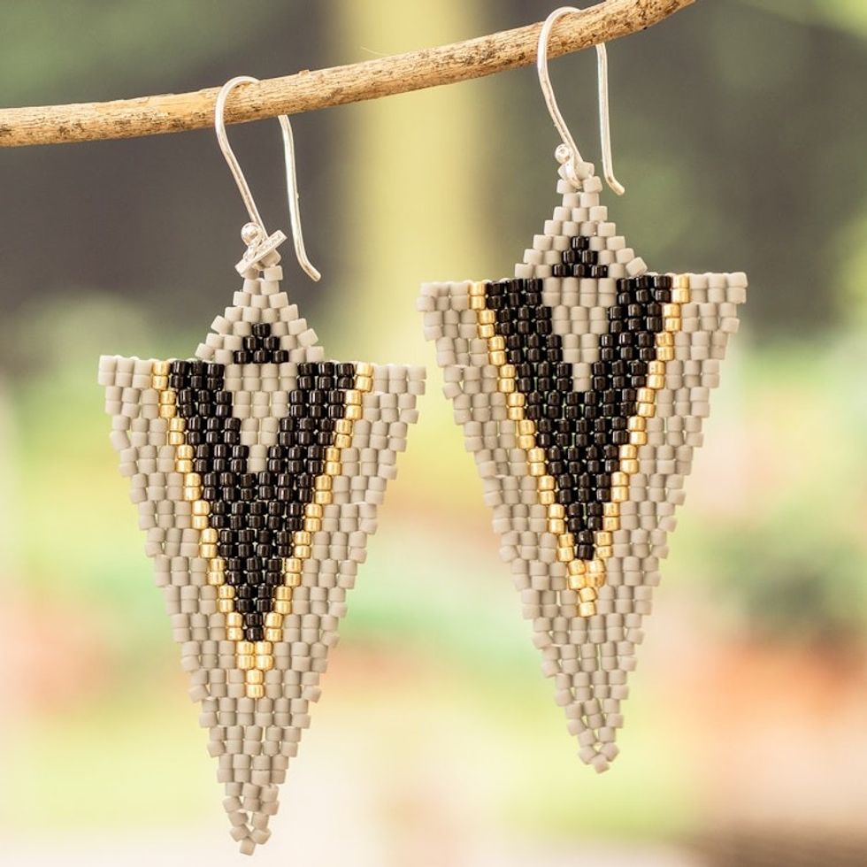 Handcrafted Triangular Black and Grey Dangle Earrings 'Black Grey Directions'