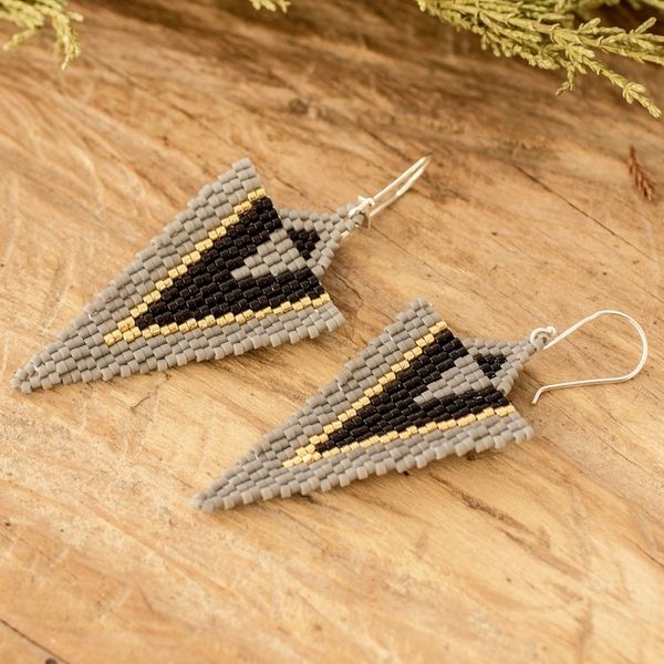 Alternate image for Handcrafted Triangular Black and Grey Dangle Earrings Black Grey Directions