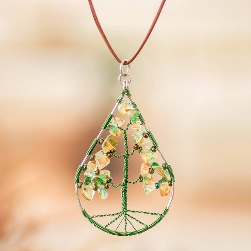 Drop-Shaped Green Natural Peridot Tree Pendant Necklace 'Drop of Life in Spring Green'