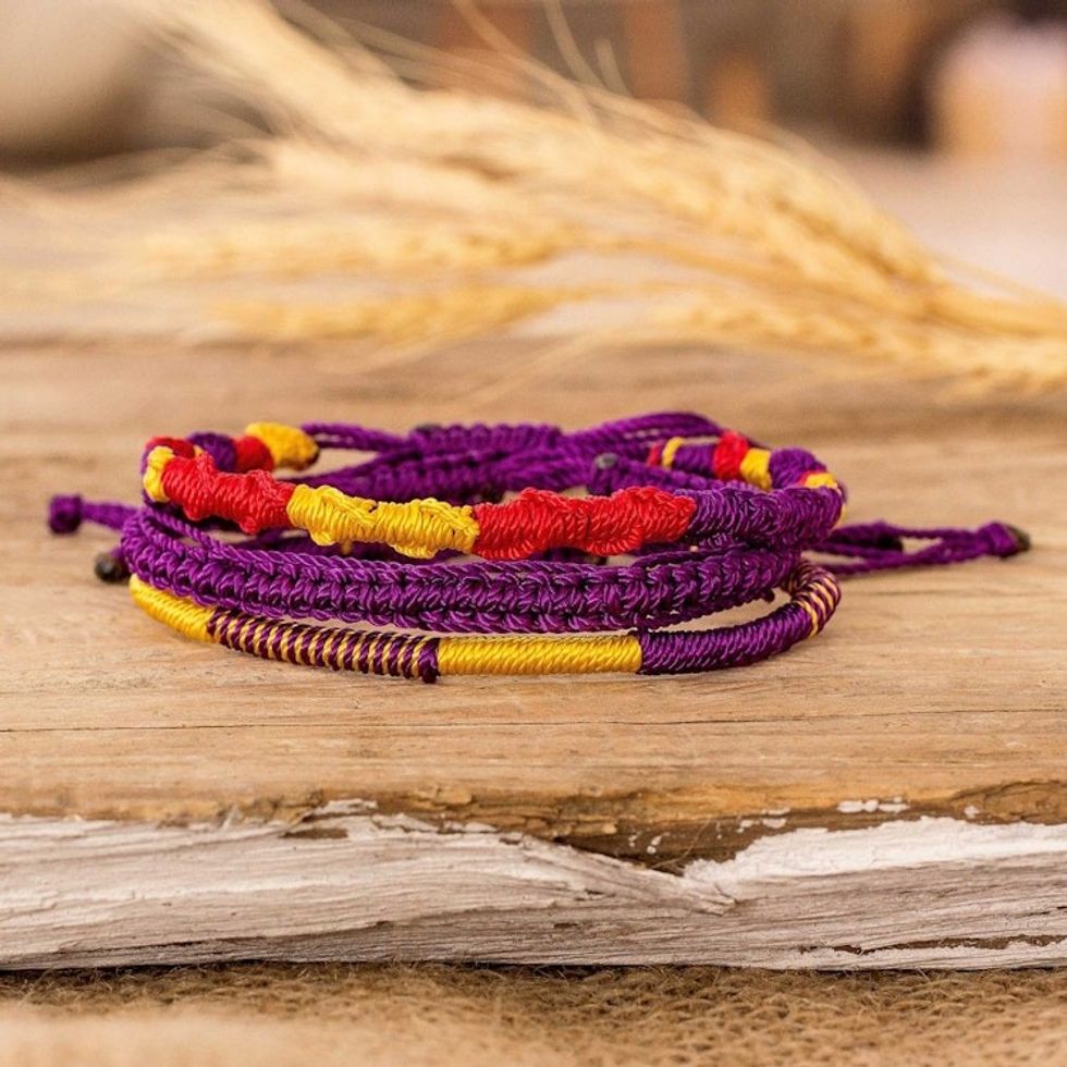 Set of 3 Yellow Purple and Red Macrame Friendship Bracelets 'Vibrant Trio'