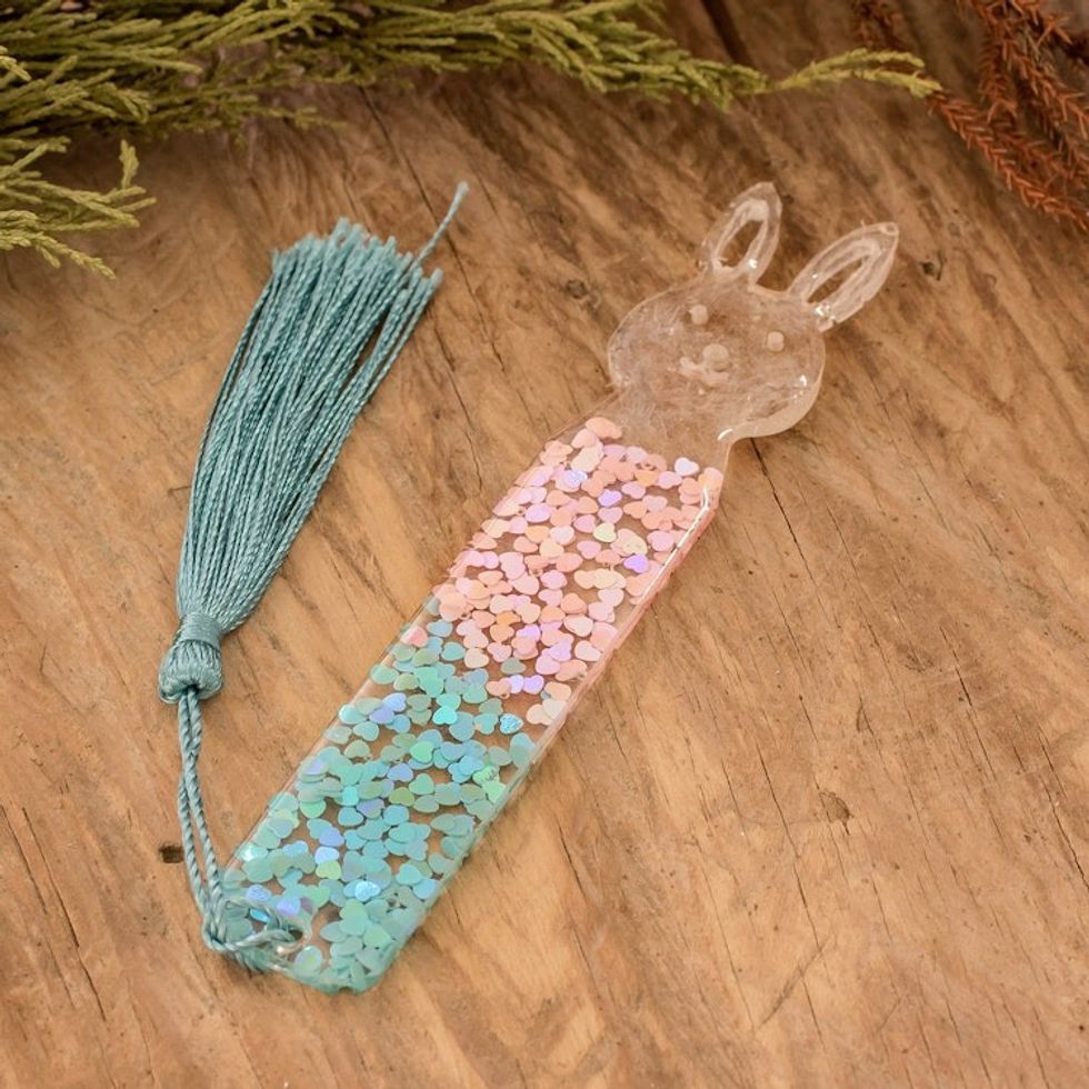 Handmade Bunny-Themed Resin Bookmark with Turquoise Tassel 'Bunny Legends'