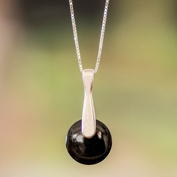 Alternate image for Minimalist Silver Necklace with Round Black Jade Pendant Black Circle of Love