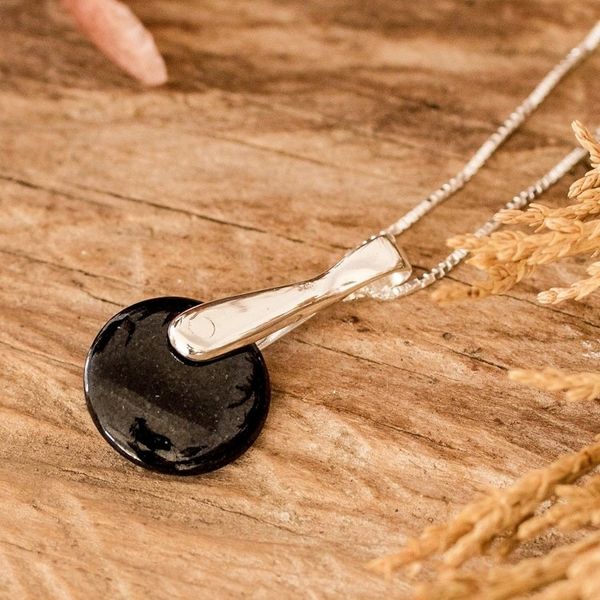 Alternate image for Minimalist Silver Necklace with Round Black Jade Pendant Black Circle of Love