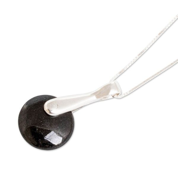 Alternate image for Minimalist Silver Necklace with Round Black Jade Pendant Black Circle of Love