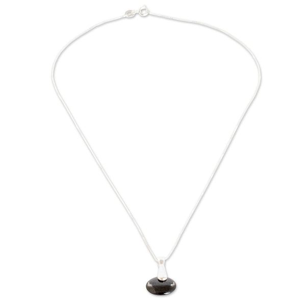 Alternate image for Minimalist Silver Necklace with Round Black Jade Pendant Black Circle of Love