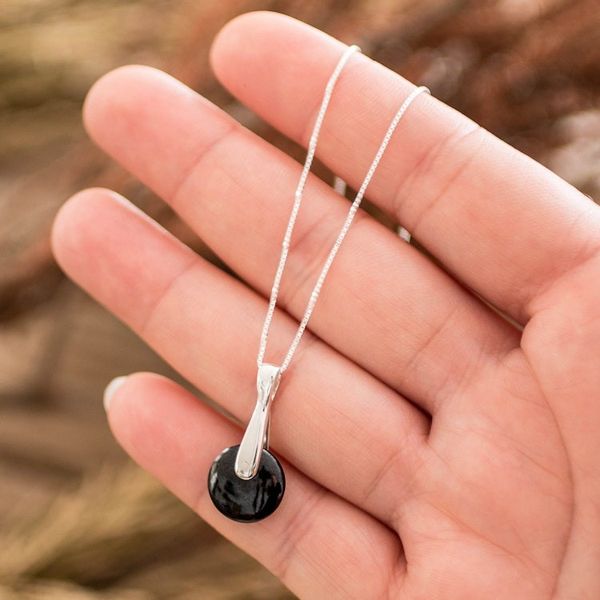 Alternate image for Minimalist Silver Necklace with Round Black Jade Pendant Black Circle of Love