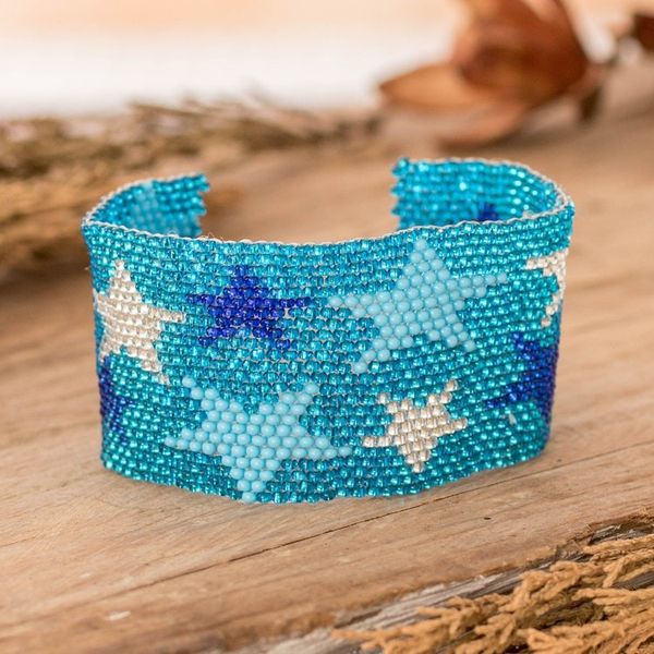 Alternate image for Handmade Glass Beaded Star Wristband Bracelet in Sky Blue Constellation in Sky Blue