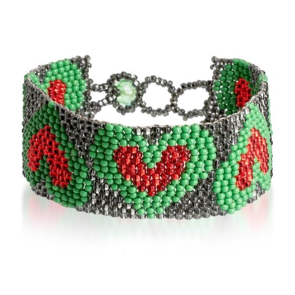 Alternate image for Adjustable Grey Red Green Beaded Bracelet with Heart Theme Green Queen of Hearts