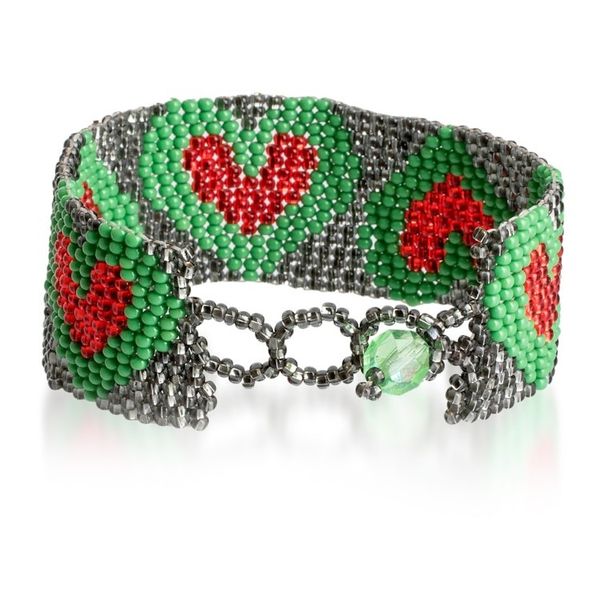 Alternate image for Adjustable Grey Red Green Beaded Bracelet with Heart Theme Green Queen of Hearts