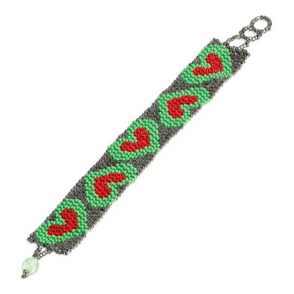 Alternate image for Adjustable Grey Red Green Beaded Bracelet with Heart Theme Green Queen of Hearts