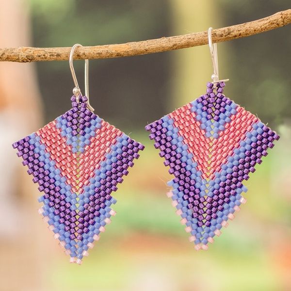 Alternate image for Handcrafted Purple and Pink Glass Beaded Dangle Earrings Purple Signals