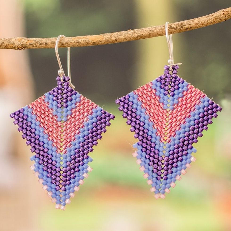 Handcrafted Purple and Pink Glass Beaded Dangle Earrings 'Purple Signals'