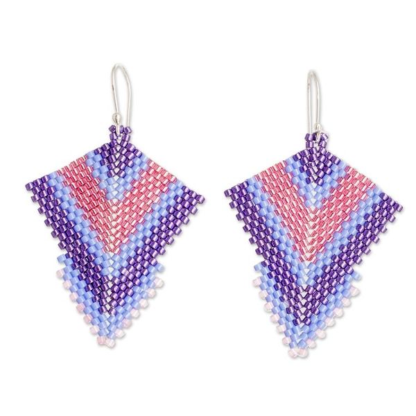 Alternate image for Handcrafted Purple and Pink Glass Beaded Dangle Earrings Purple Signals