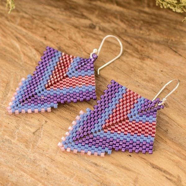 Alternate image for Handcrafted Purple and Pink Glass Beaded Dangle Earrings Purple Signals