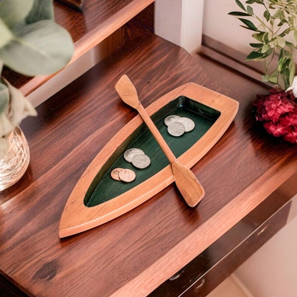 Hand-Carved Green Cedarwood Boat Catchall from Costa Rica 'Adventure in the Green River'