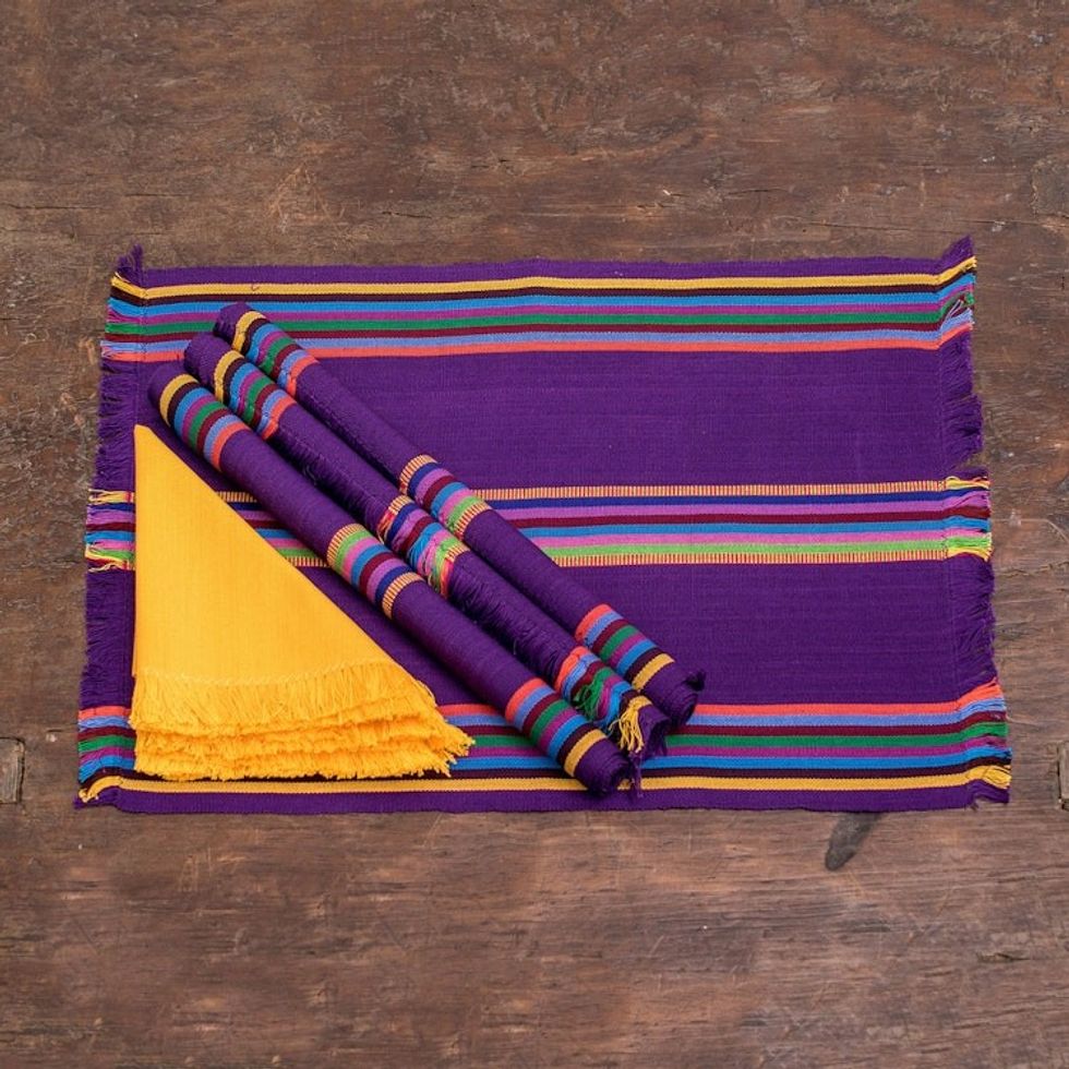 4 Hand-Woven Striped Cotton Placemats with Napkins in Purple 'Palopo in Purple'