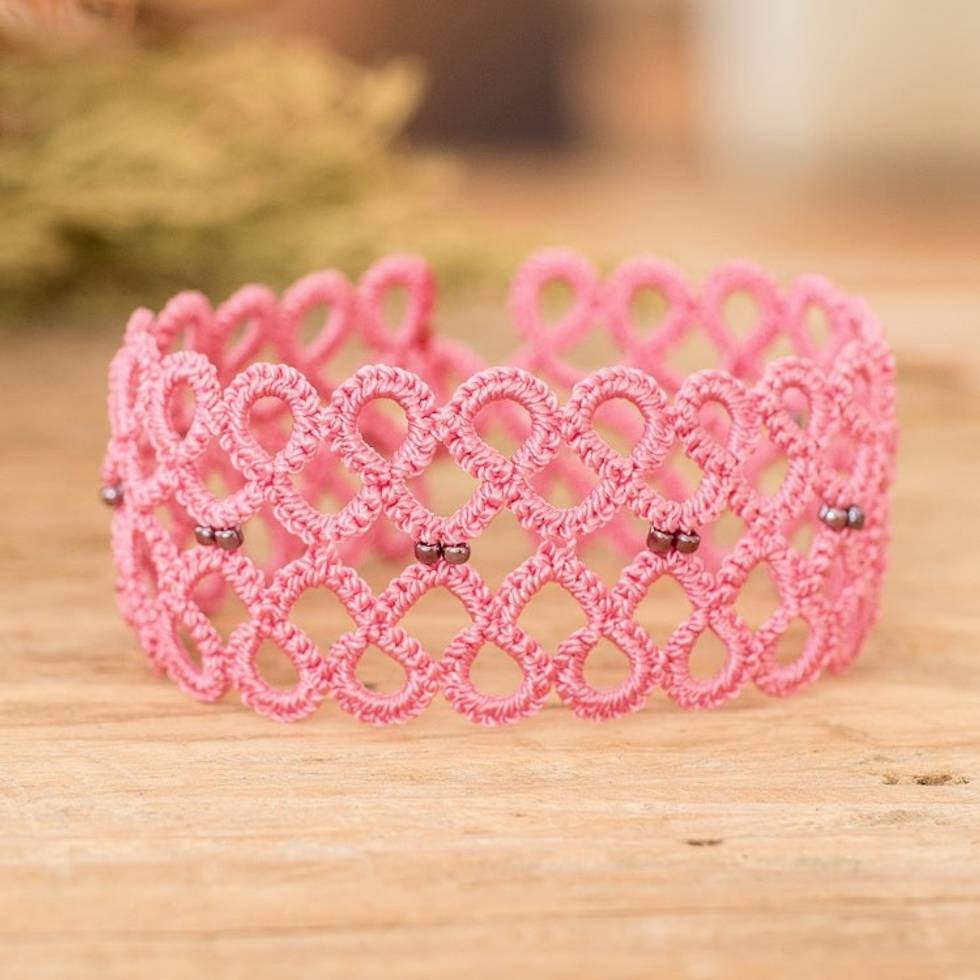 Handwoven Pink Wristband Bracelet with Glass Beads 'Gleams of Sweetness'