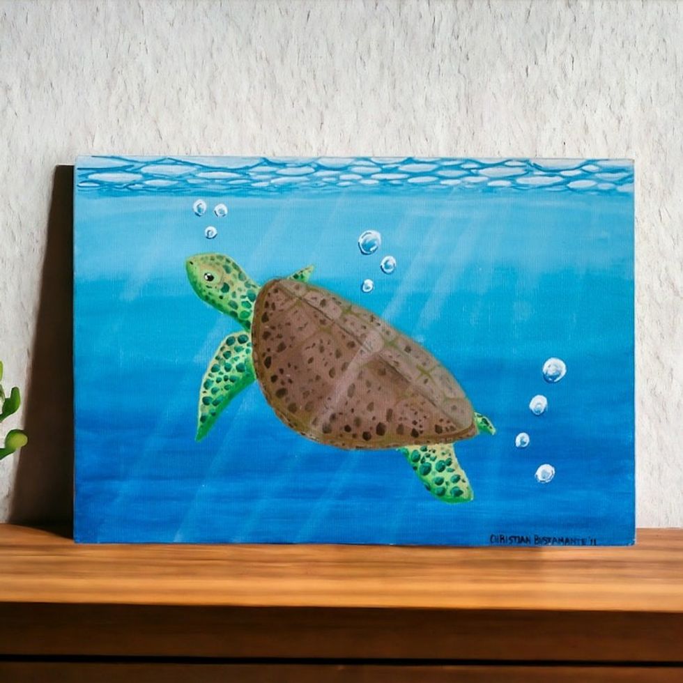 Acrylic on Canvas Painting of a Sea Turtle from El Salvador 'Let's Save Them'