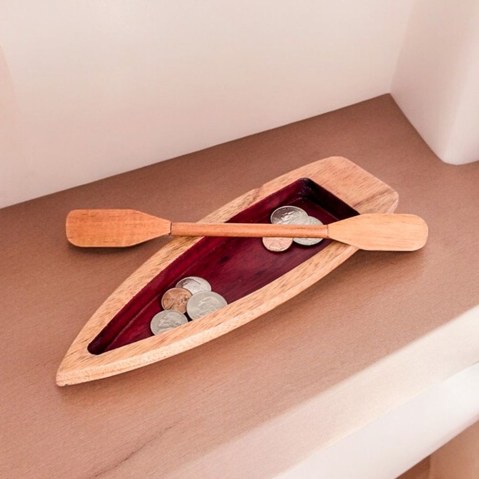 Hand-Carved Canoe-Shaped Cedarwood Catchall in Red 'These Lovely Rivers'