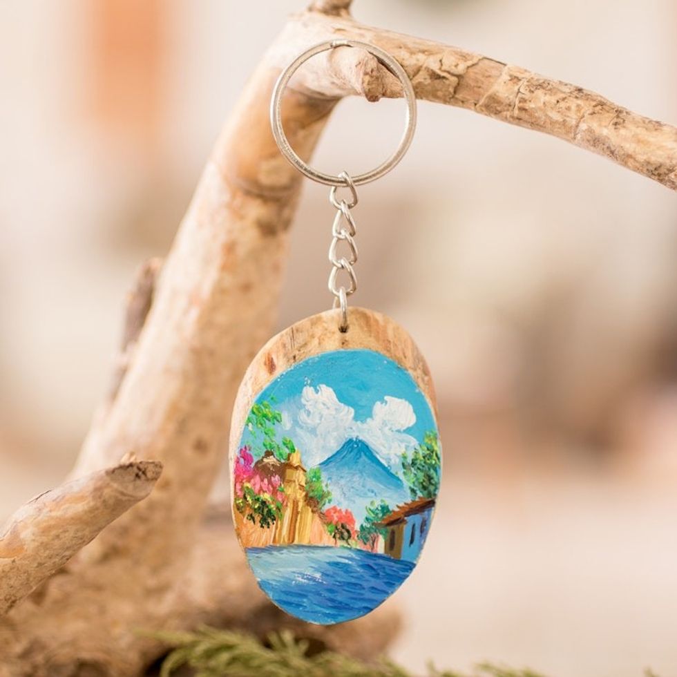 Hand-Carved Pinewood Keychain with Volcano Painting 'Volcano Charm'