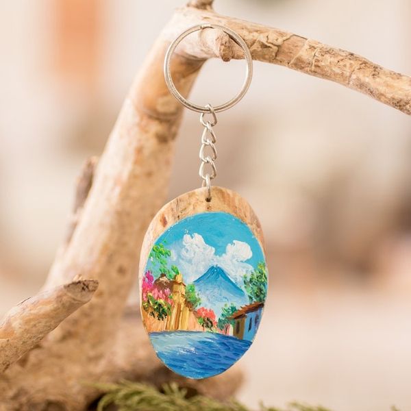 Alternate image for Hand-Carved Pinewood Keychain with Volcano Painting Volcano Charm