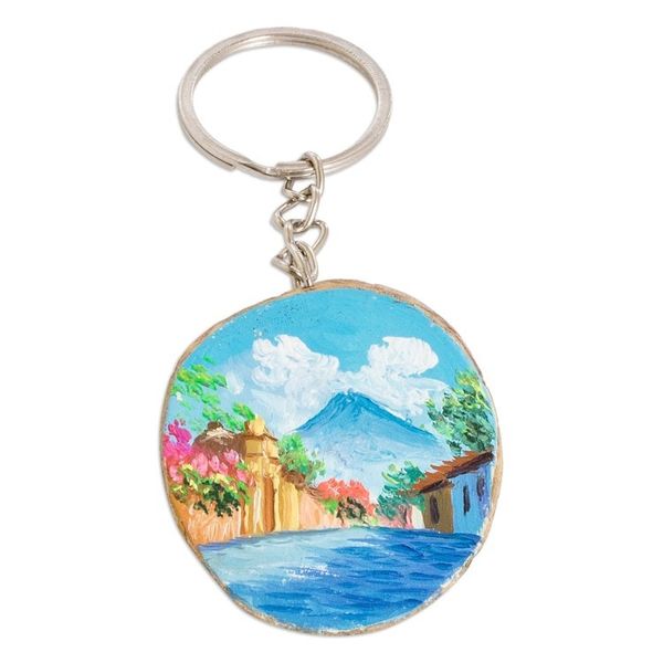 Alternate image for Hand-Carved Pinewood Keychain with Volcano Painting Volcano Charm