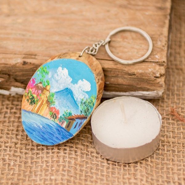 Alternate image for Hand-Carved Pinewood Keychain with Volcano Painting Volcano Charm