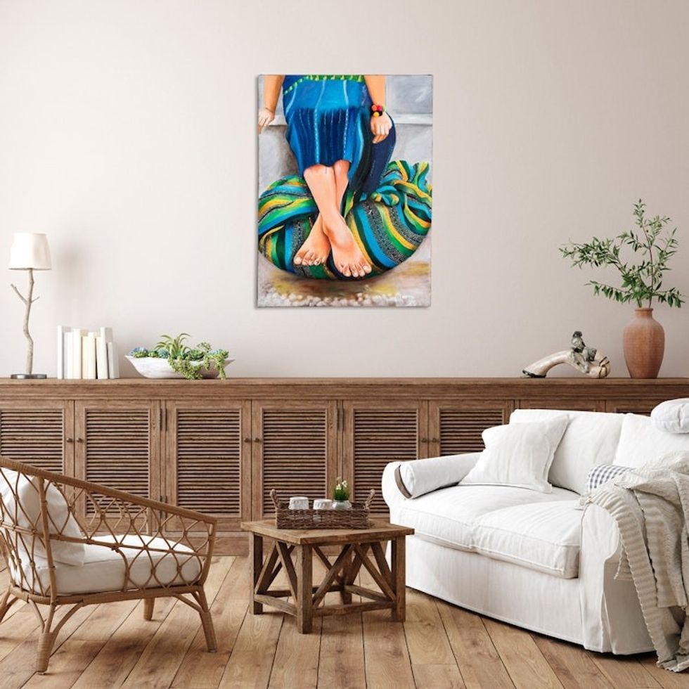 Guatemalan Woman Beaded Oil Painting with Pompom Accents 'Break'
