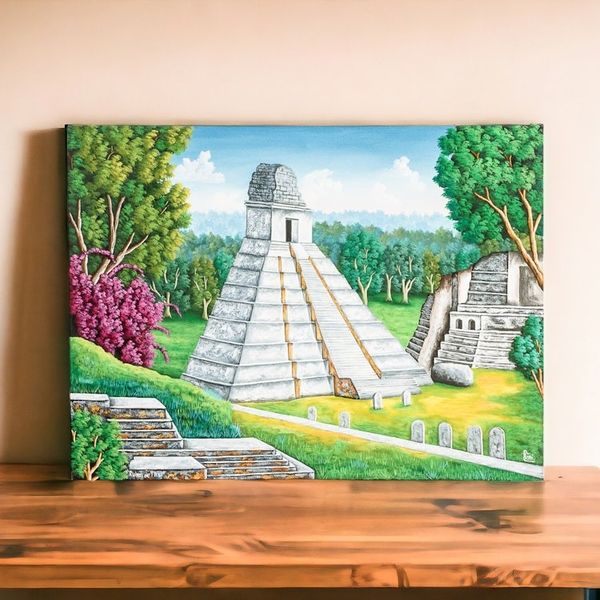 Alternate image for Signed Impressionist Oil on Canvas Tikal Painting Tikal Ruins