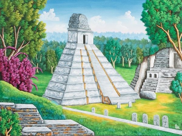 Alternate image for Signed Impressionist Oil on Canvas Tikal Painting Tikal Ruins
