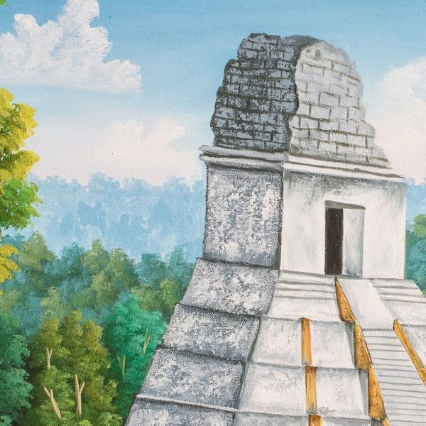 Alternate image for Signed Impressionist Oil on Canvas Tikal Painting Tikal Ruins