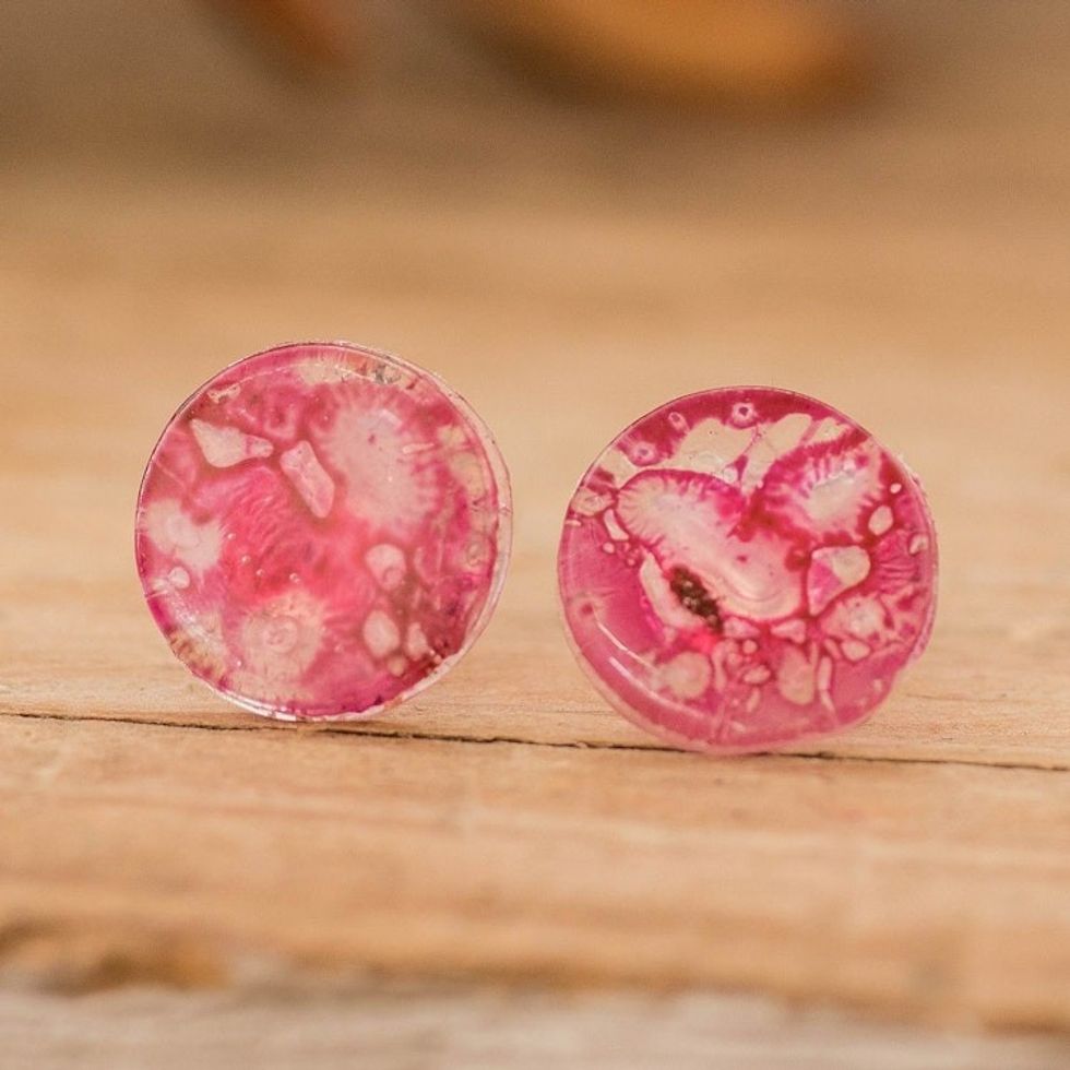 Handmade Eco-Friendly Round Pink Recycled CD Stud Earrings 'Pink Translucent Illusion'