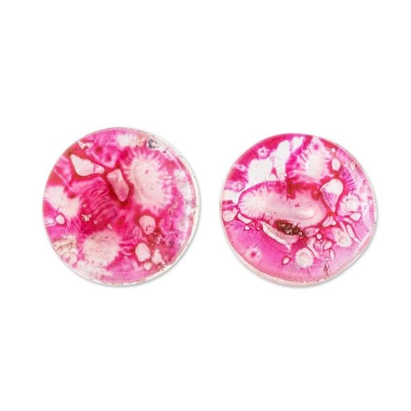 Alternate image for Handmade Eco-Friendly Round Pink Recycled CD Stud Earrings Pink Translucent Illusion