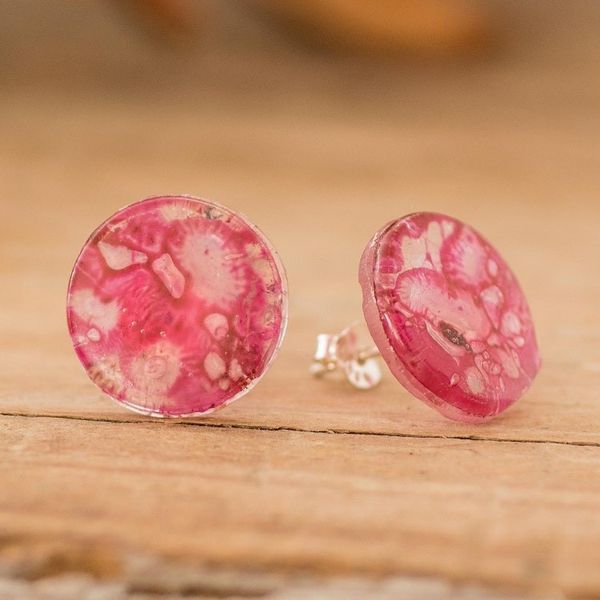 Alternate image for Handmade Eco-Friendly Round Pink Recycled CD Stud Earrings Pink Translucent Illusion