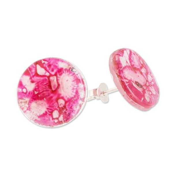 Alternate image for Handmade Eco-Friendly Round Pink Recycled CD Stud Earrings Pink Translucent Illusion