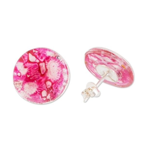 Alternate image for Handmade Eco-Friendly Round Pink Recycled CD Stud Earrings Pink Translucent Illusion