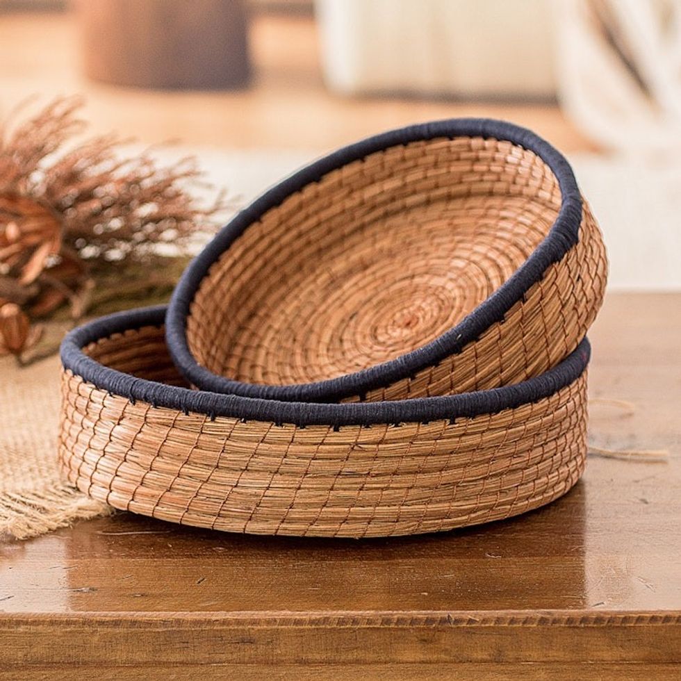 Set of 2 Woven Spiral Pine Needle Baskets with Midnight Trim 'Midnight Lands'
