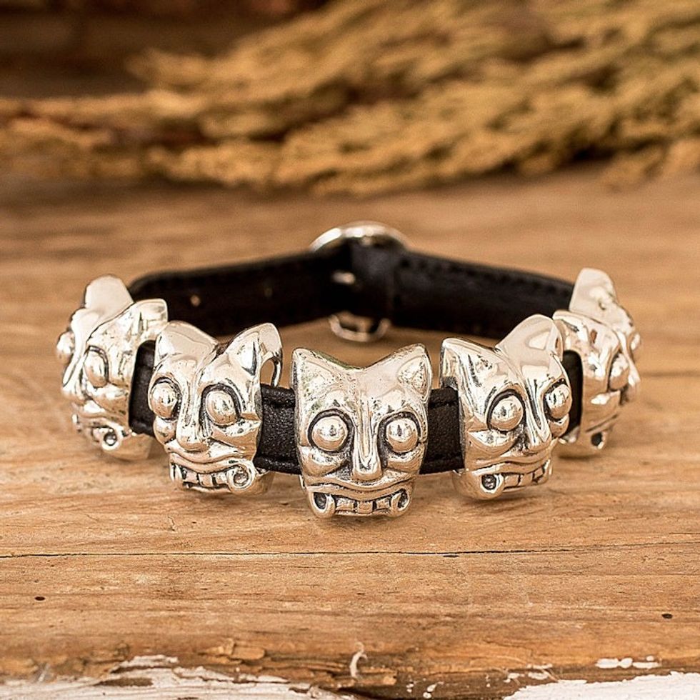 Archaeological Mayan Jaguar Silver and Leather Bracelet 'Iximche Jaguar'
