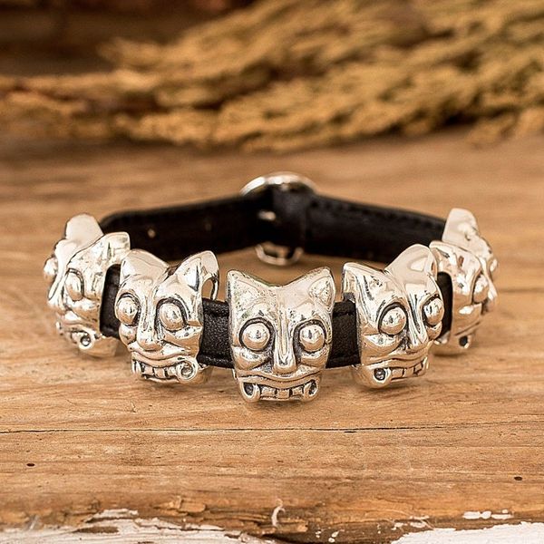 Alternate image for Archaeological Mayan Jaguar Silver and Leather Bracelet Iximche Jaguar