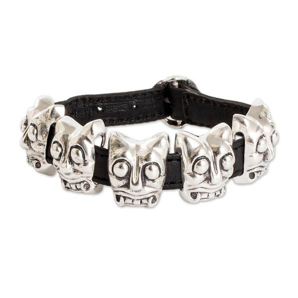 Alternate image for Archaeological Mayan Jaguar Silver and Leather Bracelet Iximche Jaguar
