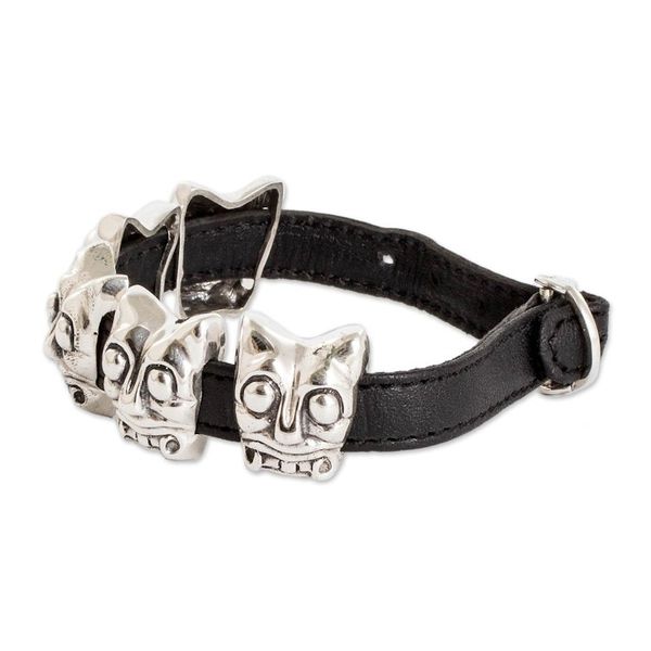 Alternate image for Archaeological Mayan Jaguar Silver and Leather Bracelet Iximche Jaguar