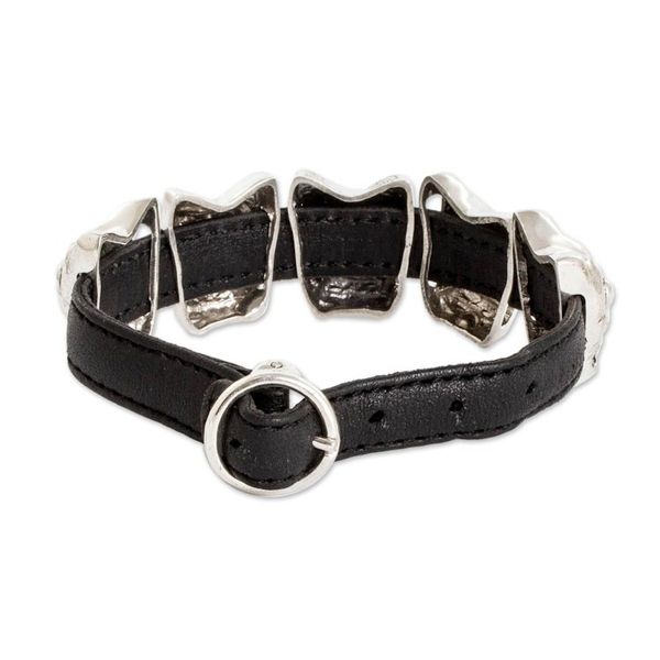 Alternate image for Archaeological Mayan Jaguar Silver and Leather Bracelet Iximche Jaguar