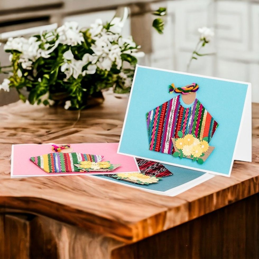 Three Greeting Cards with Guatemalan Woven Cotton Accents 'Messages of Happiness'