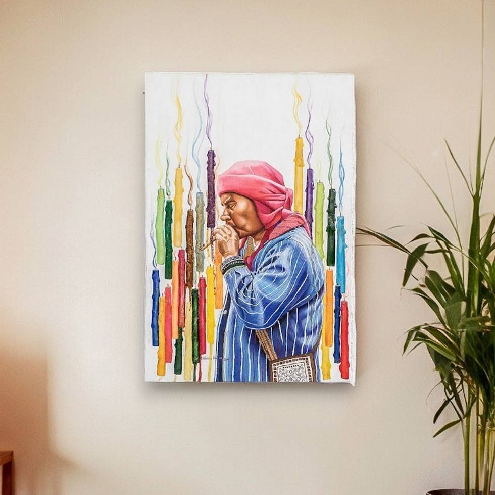 Expressionist Oil and Liquid Glass Painting from Guatemala 'Mayan Ritual'